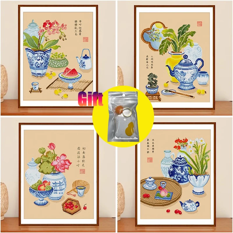 Frühlings-Kreuzstich-Set, Druck, 11 Karat, chinesischer Stil, Retro-Leinwand, blaues und weißes Porzellan, Osmanthus-Lotus-Muster, Geschenk für Mutter