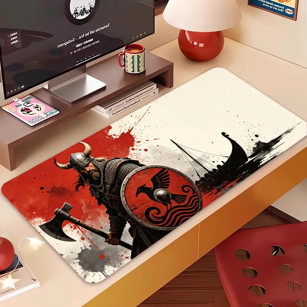 Viking Warrior Red Ink Splash Playmat Norseman Axe Shield Longship Gaming Mousepad Large Desk Mat