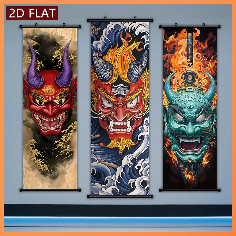 VIKAMA Prajna Demon Mask Scroll Tapestry, Ukiyo-e Demon Mask Vertical Wall Hanging, Background Cloth for Dorm Room Walls