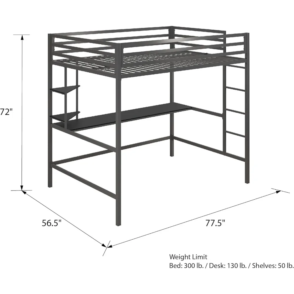 Metal Full Loft Bed with Desk & Shelves