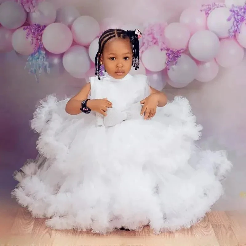 White Gorgeous Flower Girl Dresses Tiered Tulle Queen Pricess Ball Gowns for Girls African Arabic First Birthday Party Dress