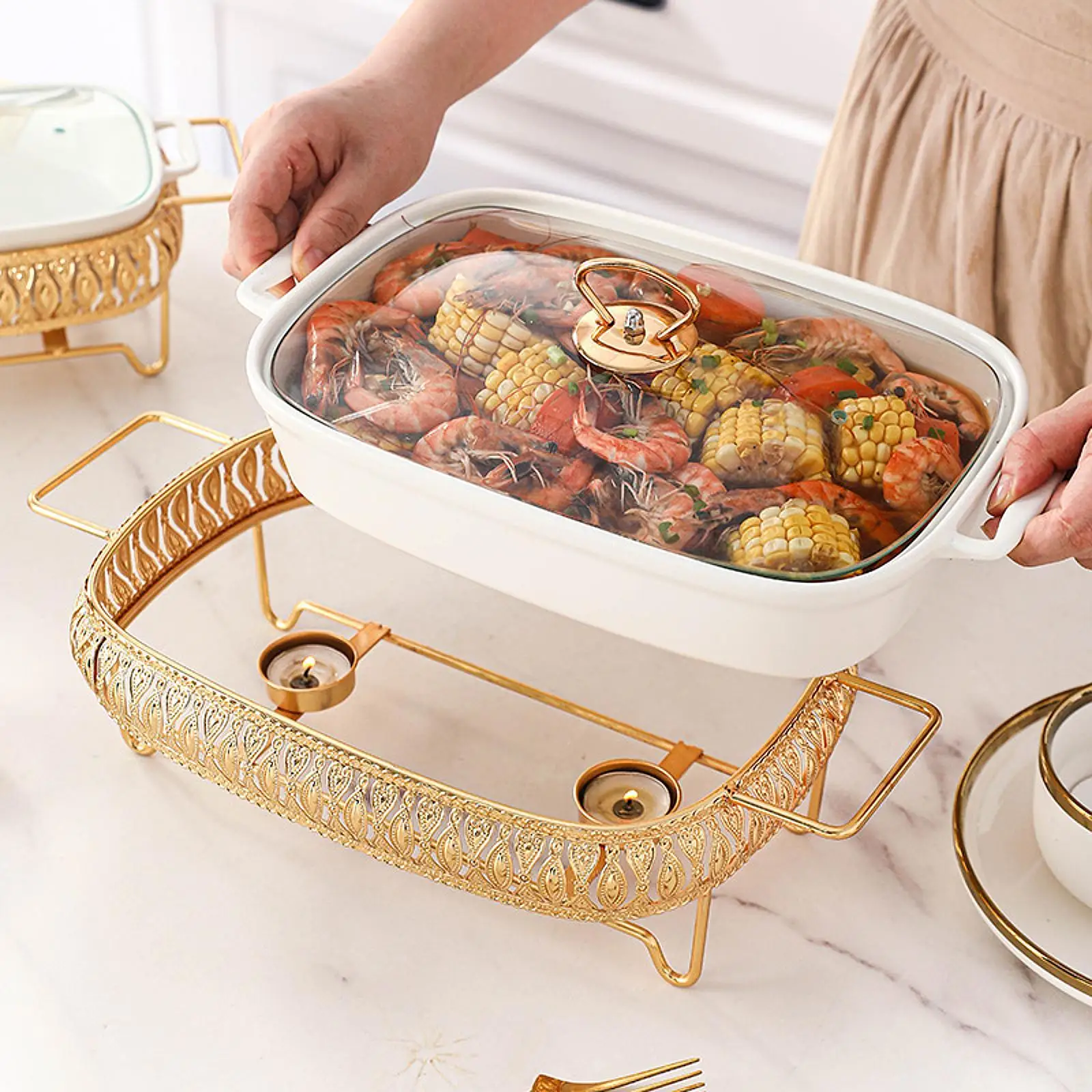 Chafing Dish for Buffet Rectangular Lasagna Pan with Stand and Glass Lid