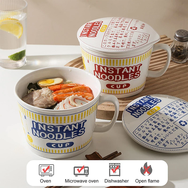 Cuenco de cerámica con tapa para fideos instantáneos, cuenco creativo de estilo japonés con mango de gran capacidad, taza de fideos instantáneos de alto valor estético