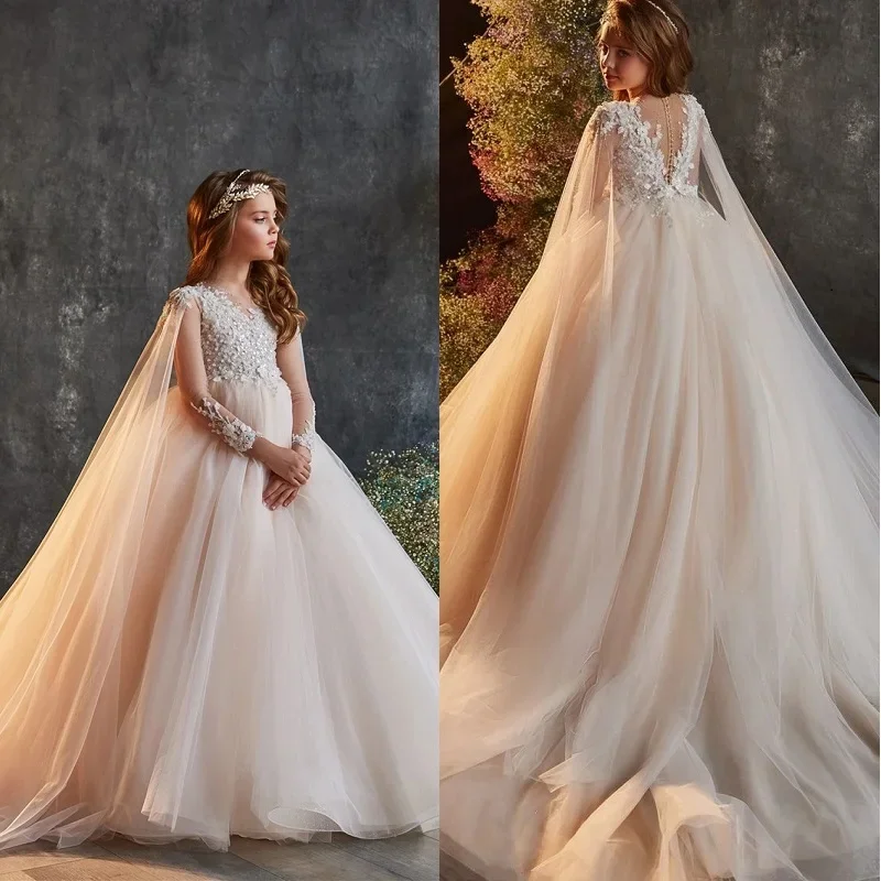 

Girls Princess Dress with Sheer Cape Embroidered Bodice Long Tulle Train Mesh Sleeves for Wedding Pageant Party Formal Occasion