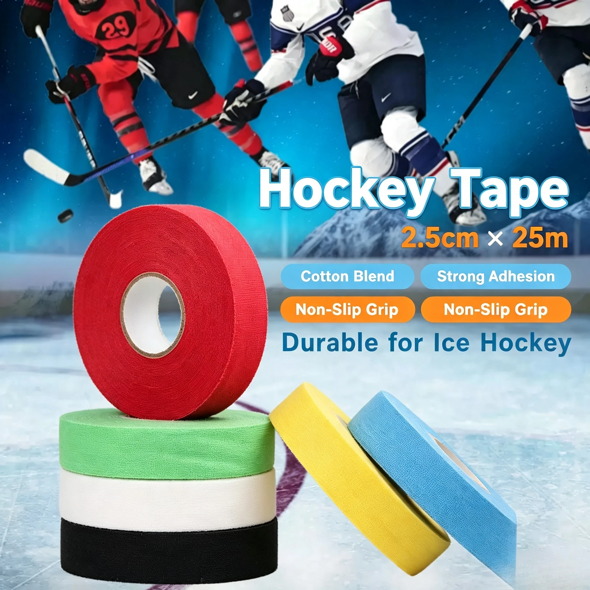 2.5cm*25m 9 Colors Hockey Tape High Adhesive Anti‑Slip Hockey Stick Protector Tape for Ice & Street Hockey Sports Accessory
