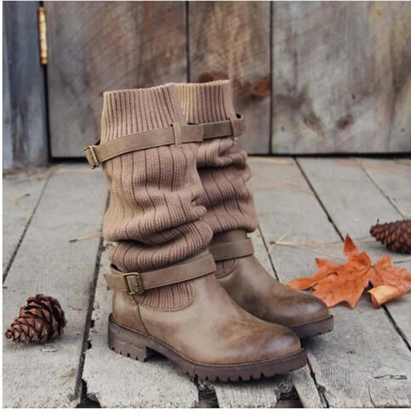 Dropship Winter Autumn Women Mid-Calf Boots fashion Knitted Woman Boots Round Toe Flat with Shoes Female Footweae boot 2023