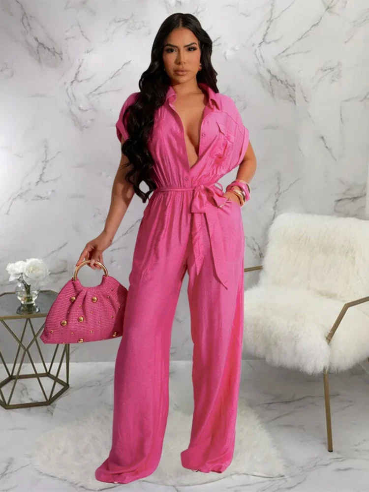 

Fashion Solid Color Lapel Single Breasted Button Short Sleeve Nipped Waist Wide Legs Loose Pant Romper with Belt Women Jumpsuit