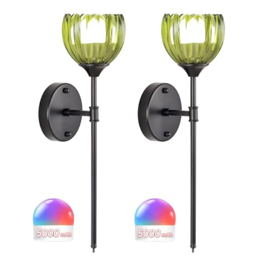 

Battery Operated Wall Sconce Set of 2, Green Tulip Vintage Wall Light Fixture Rechargeable 5000mAh Battery Powered Wall Lamp wi