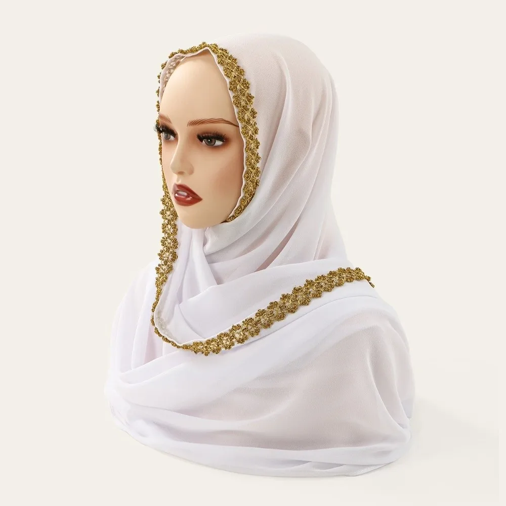 

Chiffon Material Eid al-Fitr Hijab Golden Wave Soft Breathable Modest Covering Scarf Premium Embroidery Solid Color Shawl Wrap