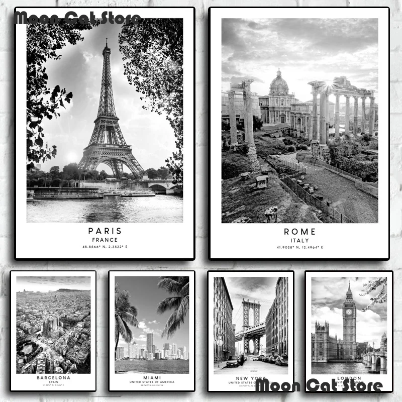 Minimalist Black and White Travel Cities Landmarks Paris London Rome Poster and Prints Wall Art Pictures Home Decor Gift