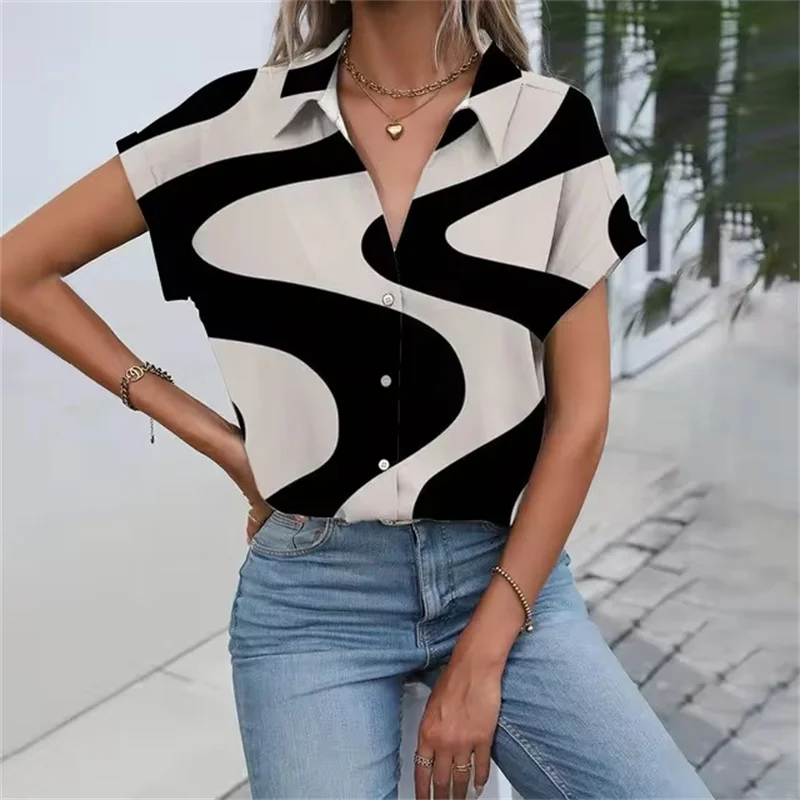 Daily Casual Women\'s Shirt Classic Black Line Print Shirts & Blouses Women\'s Summer Clothes Short Sleeve Button Front Shirt Tops