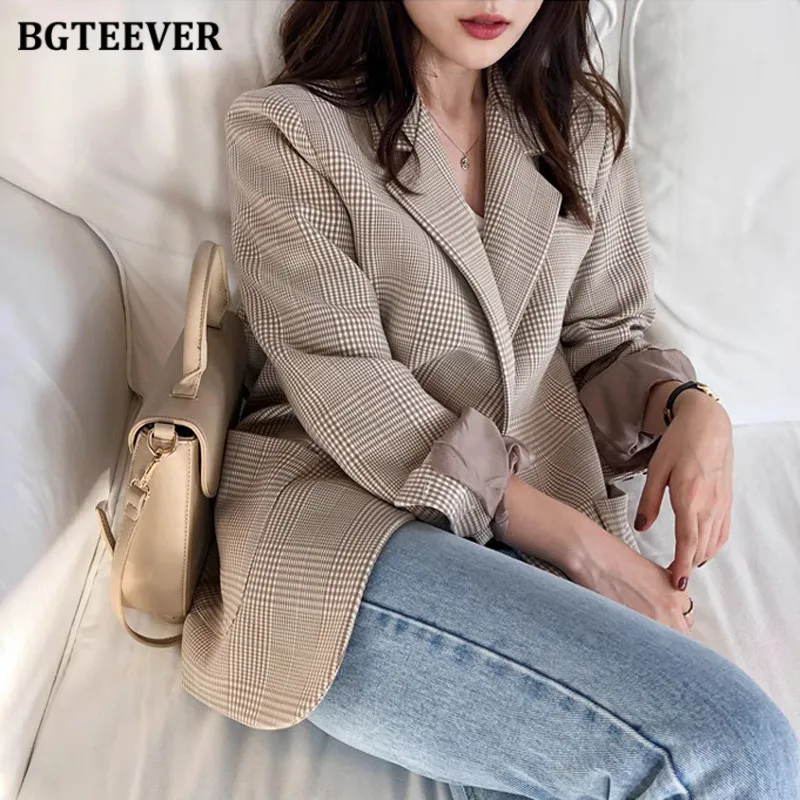 BGTEEVER Vintage Long Sleeve Pockets Women Plaid Blazer Spring Autumn Elegant Loose Single-breasted Ladies Suit Jackets