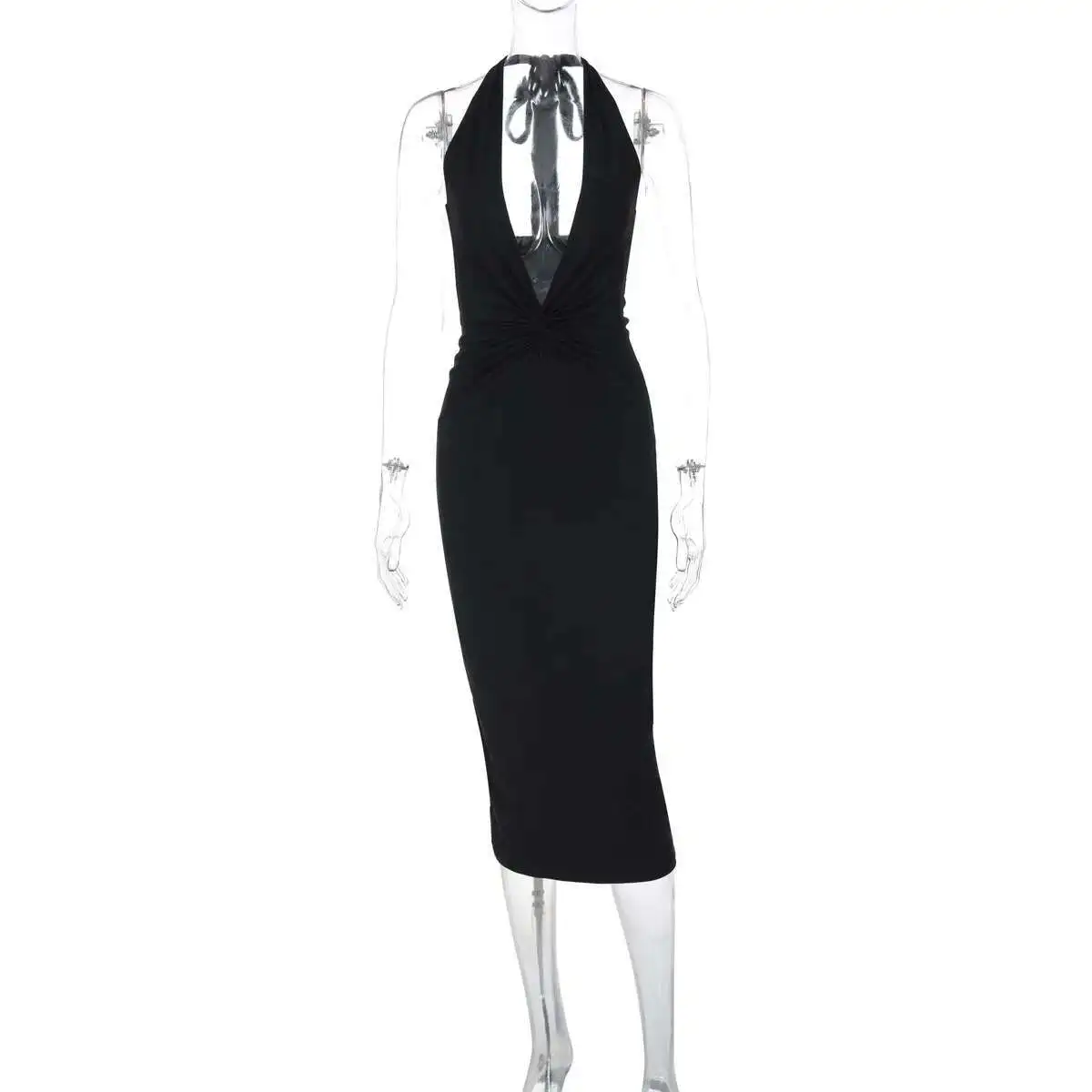 

Sexy New Deep V-sleeveless Solid Color Backless Street Style Bag, Hip Mid Length Hanging Neck Dress, Women's Clothing Party