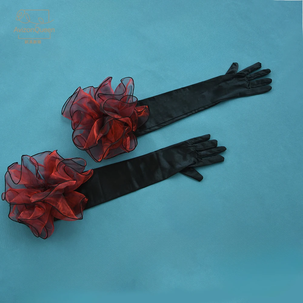 Guantes largos de satén negro con dedos para novia, adornos florales rojos para accesorios de boda para mujer con vestidos Vintage MM19