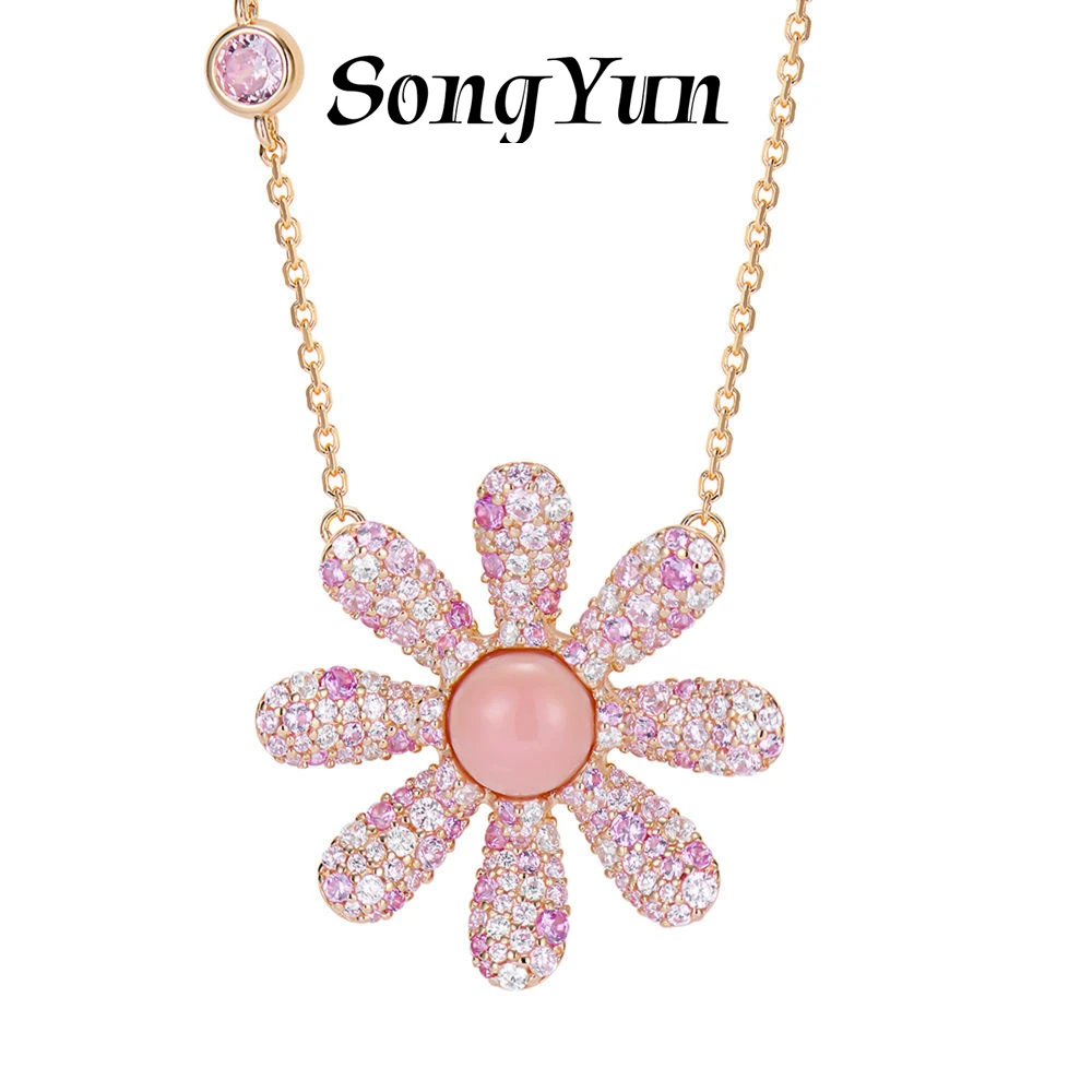 SONGYUN High Carbon Gemstones Jewelry Women S925 Sterling Silver Gradient Daisy Inlaid Diamond Sweet Flower Clavicle Necklace