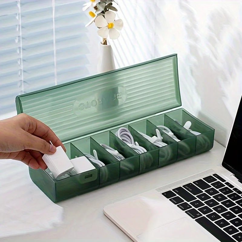 1pc Data Cable Storage Box Plastic Mobile Phone Charger Cable Storage Box Sorting Grid Winder Power Cord Organizer