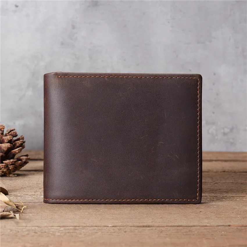 1117 Men's Biffold Retro Genuine Leather Wallet Crazy Horse Leather Short Multi Slot Wallet Casual Card Bag