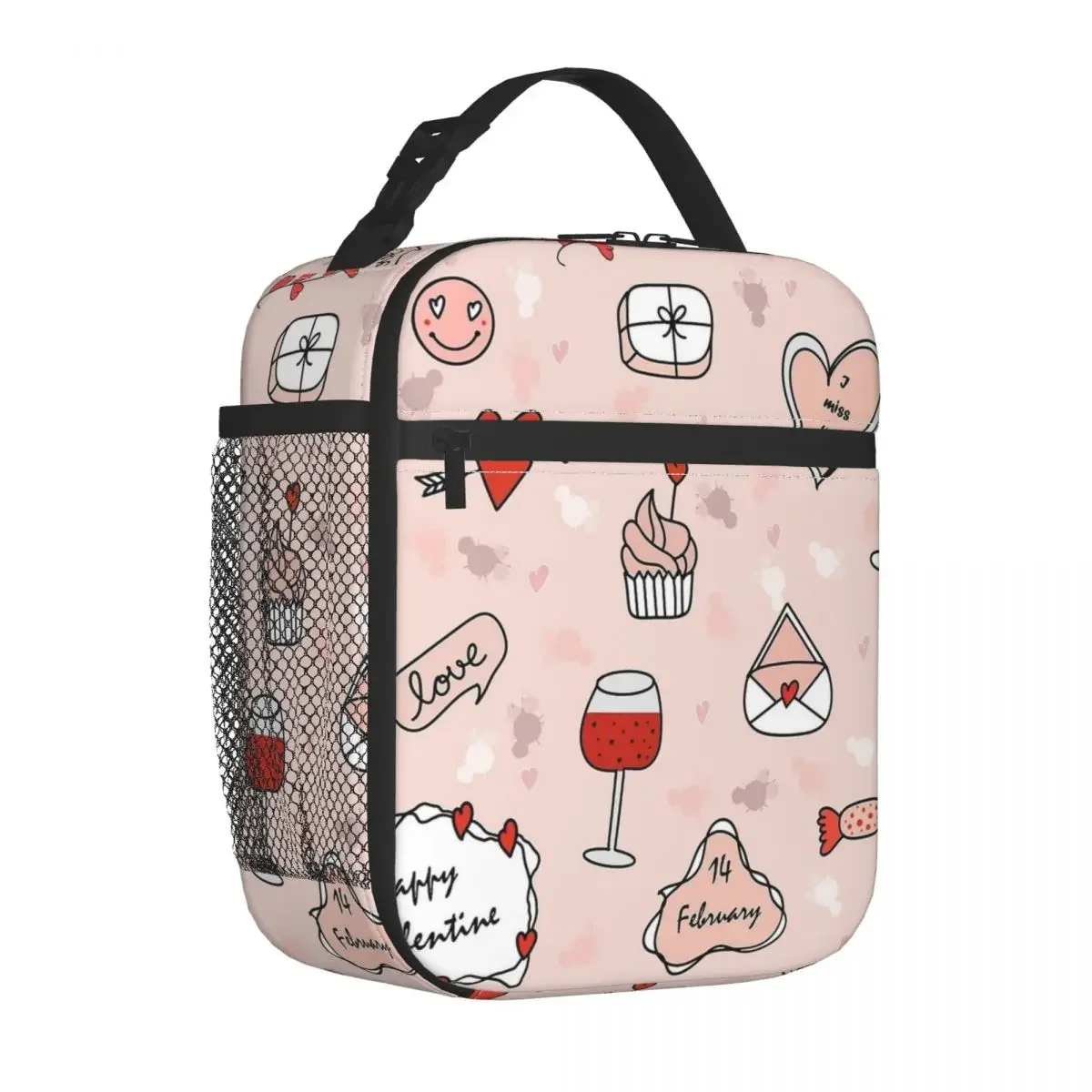 Thermoisolierte Lunchtasche mit Valentinstag-Cartoon-Muster für Picknick, wiederverwendbare Lebensmitteltasche, Kühler, Thermo-Lebensmittelbox