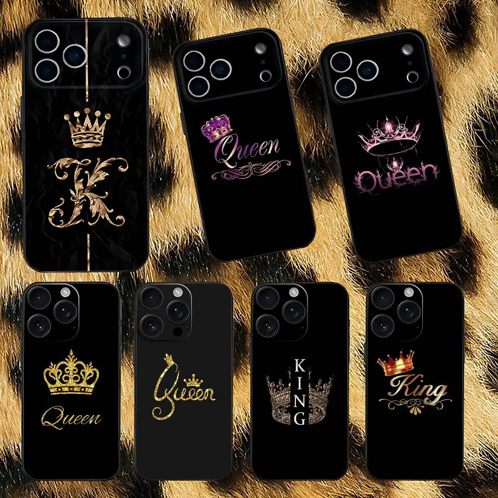 

KING Queen Crown Letter Phone Case For iPhone 17,16,15,14,13,12,11,Pro,XS,Max,XR,Plus,E,SE4,Mini Black Soft Cover