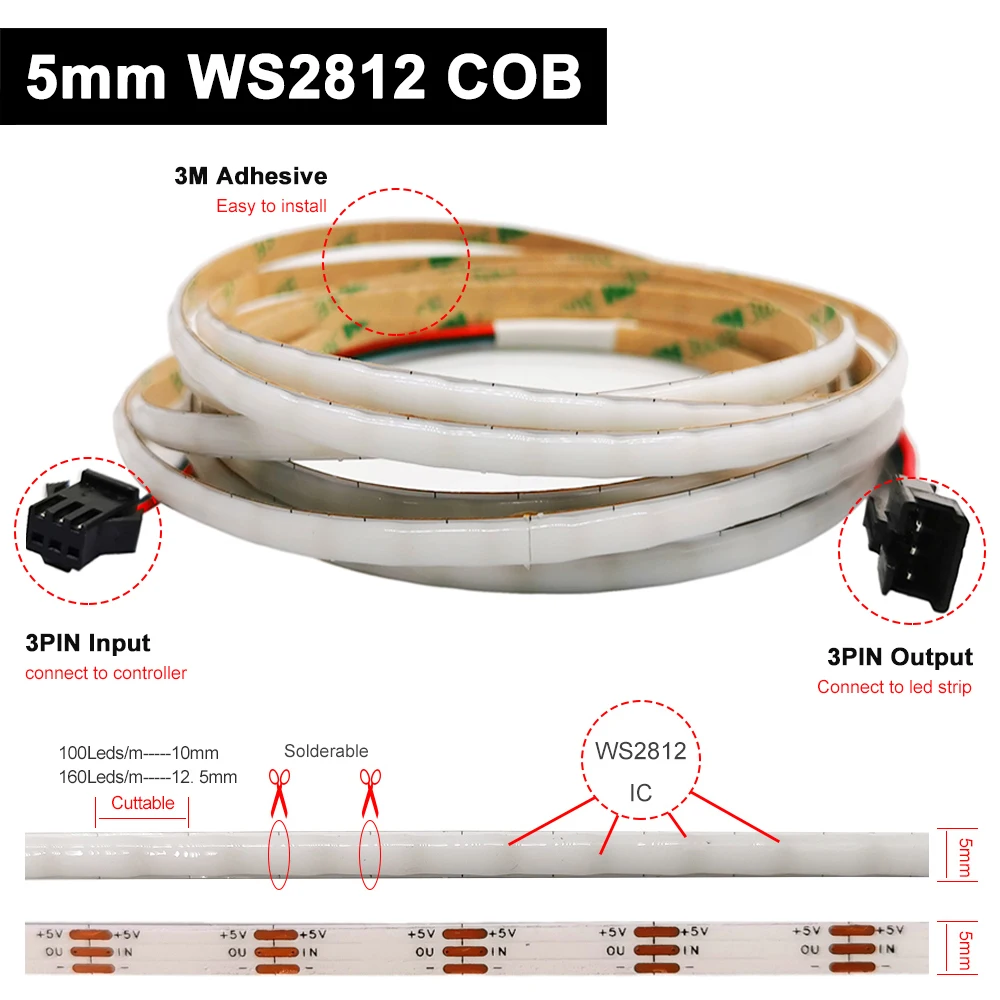 5mm WS2812B COB Led Strip Bluetooth Music Controller 100 160Leds/M High Density Flexible 5V  Individually Addressable Tape Light