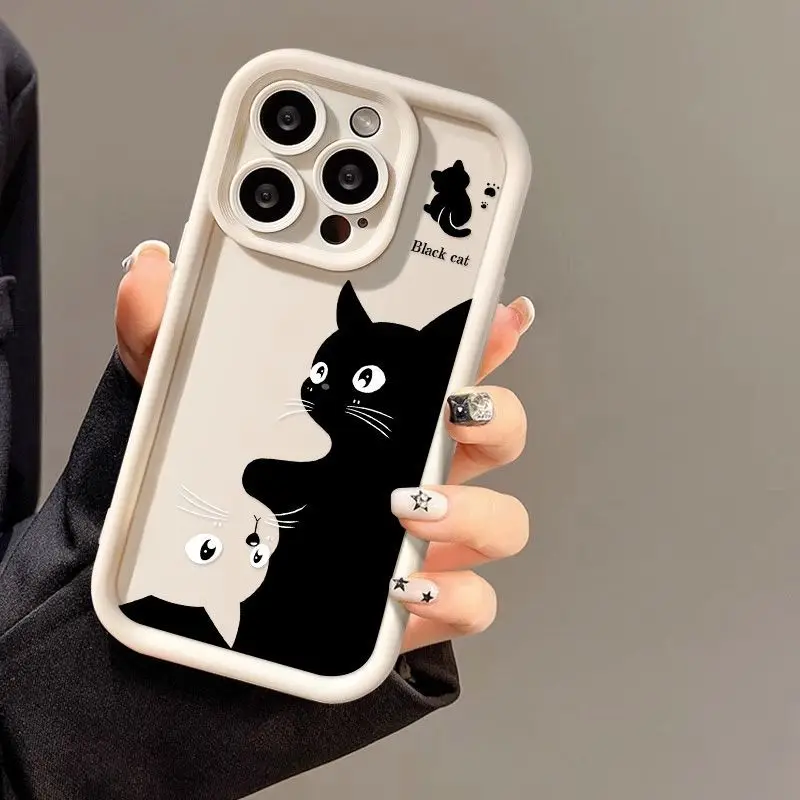 

TRSYPHXM new Advanced art black and white cat suitable for iPhone 16 pormax phone case 14 simple 13 creative 15 soft shell