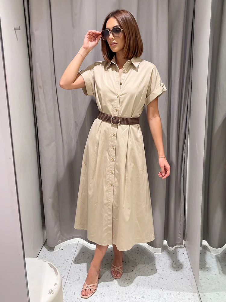 HH Minimalist Khaki Waist Belt Shirt Dress Summer Lapel A Line Midi Dress Button Front for Office Work Business Casual Wear