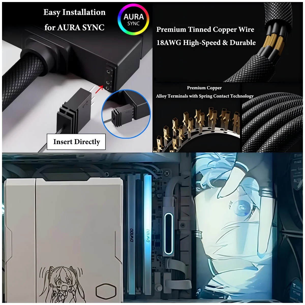 สายต่อเมนบอร์ด AIJS ATX24Pin Right Out,18AWG 90 °   สายเชื่อมต่อแบบมุมฉาก, ARGB 5V 3Pin ตัวผู้-ตัวเมีย