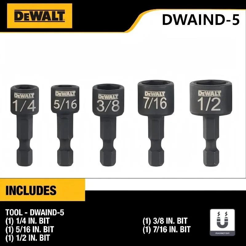 

Набор магнитных отверток DEWALT, 5 шт., компактная шестигранная головка, ударный держатель бит, аксессуар для электроинструмента DWAIND-5