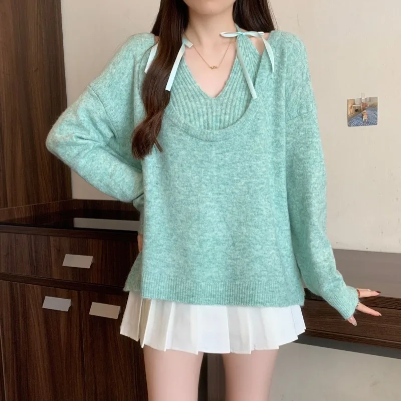 

Осенний свободный вязаный пуловер оверсайз с длинными рукавами, новинка 2025 года, облегающий жилет с v-образным вырезом для женщин, простые универсальные комплекты из двух предметов