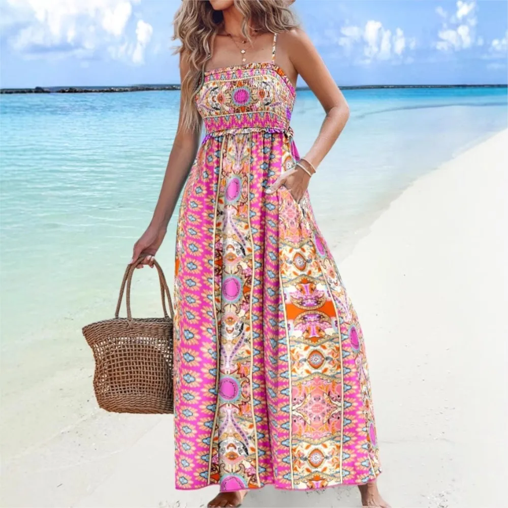 

2025 Summer Women's Sexy Stylish Off-shoulder Printed Suspender High Waist Dress Elegant Beach Vacation Strapless Long Dress
