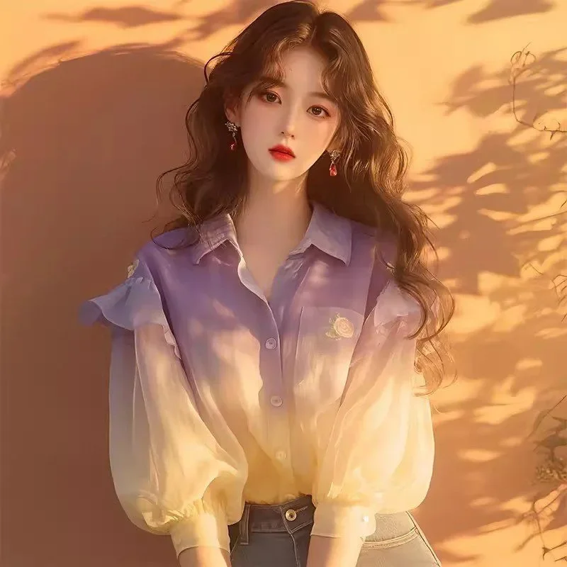 

Purple Gradient Blouse Women Bubble Sleeve Patchwork Ruffles Shirt Autumn Elegant Flower Embroidery Top Versatile 334P