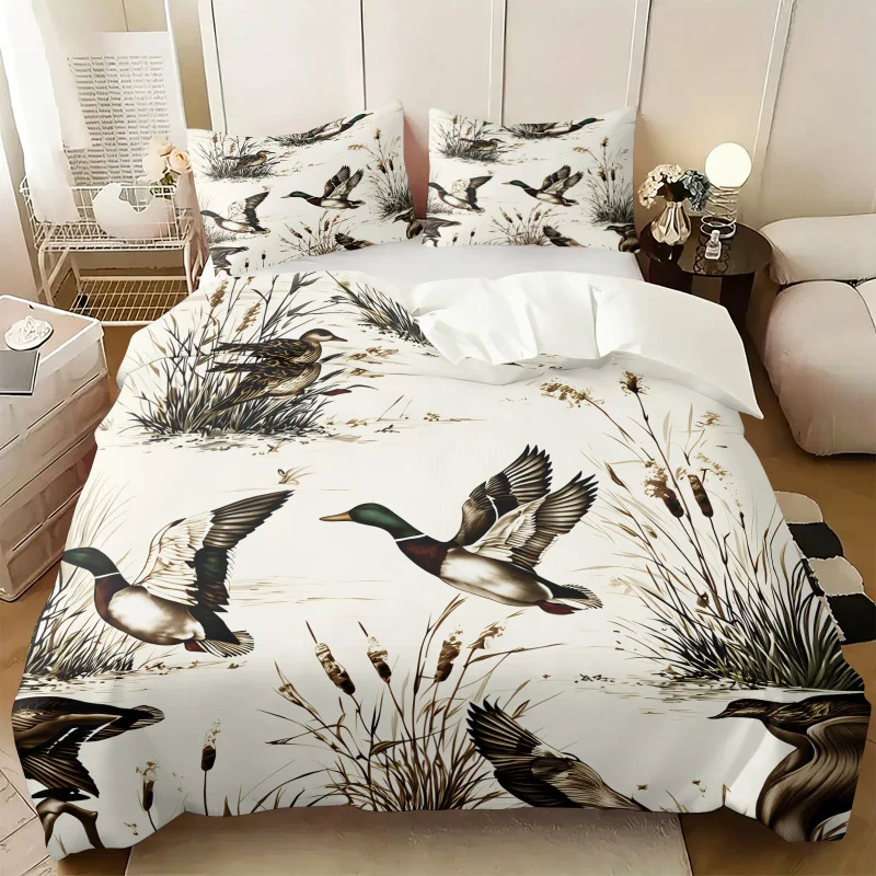 Rustic Mallard Duck Lake Reed Duvet Cover Set Vintage Wildlife Hunting Print Bedding Comforter Farmhouse Cabin Home All Bed Size