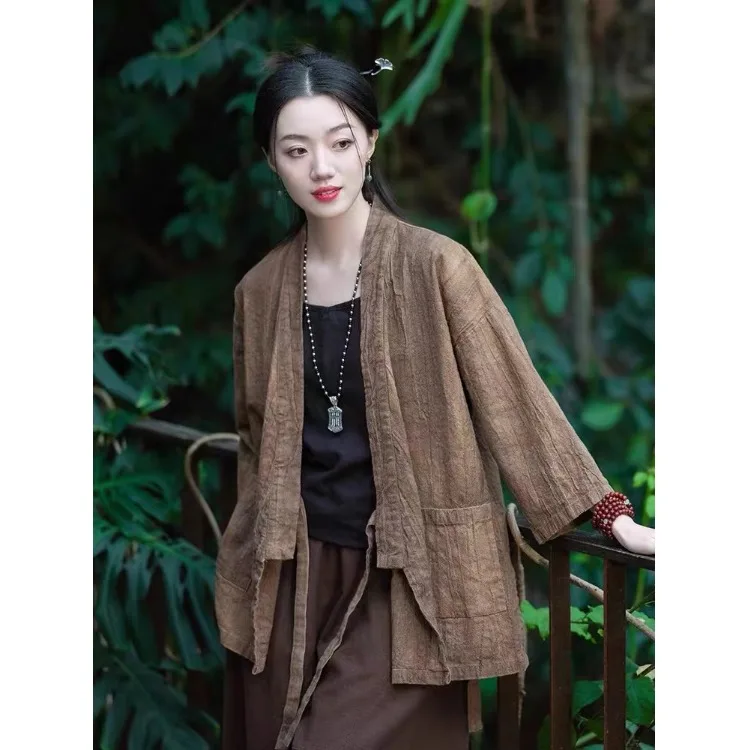 Chinese Style Cotton Linen Women's Retro Side Button Loose Zen Style Top Improved Hanfu Outerwear Fashionable All-Match