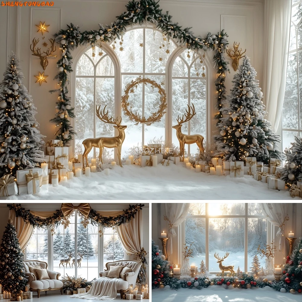 

Christmas Elk Photography Backdrop Outside Window Snow Winter Wonderland Family Kids Xmas Holiday Decor Background Photo Studio