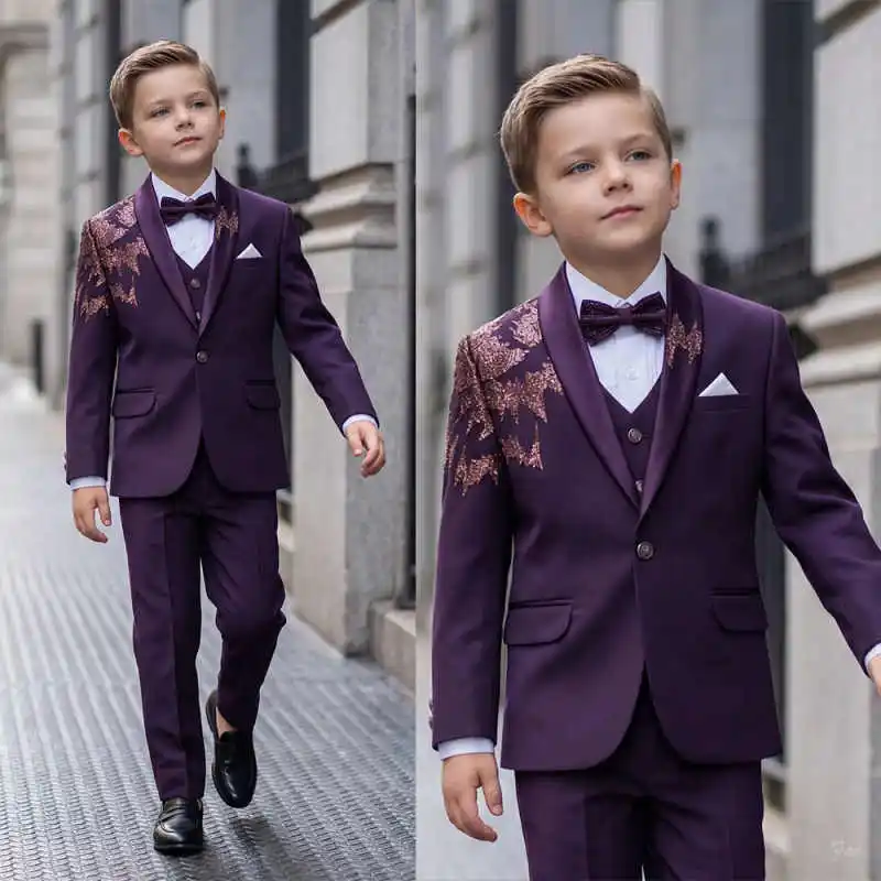 Purple Child Boy Dinner Tuxedos Lace Appliques Little Kids Costume Wedding Party Prom Pants Suits Birthday Wear 3 Pieces Customi