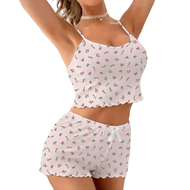 Летние новые поступления в американском стиле: сексуальные модные пижамы, одежда для дома, комплект шорт с воротником-халтер в тонкую полоску с цветочным принтом, летняя ночная рубашка