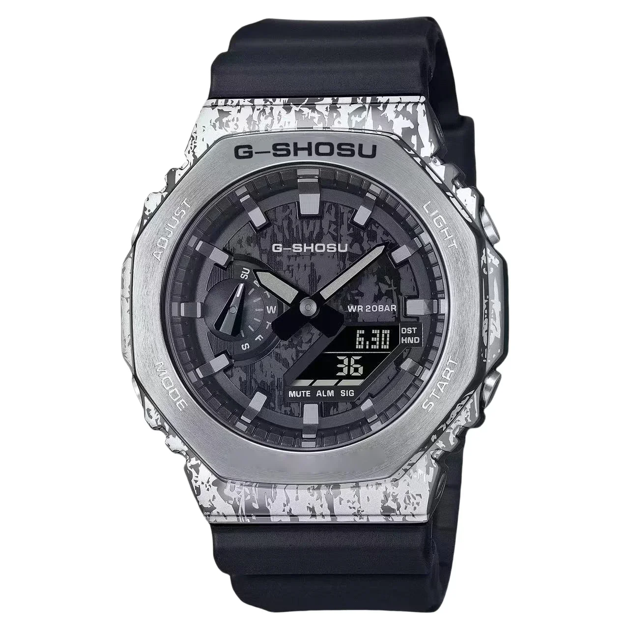 ساعة رياضية رقمية 2100 للرجال بمينا LED مصنوعة من خليط معدني وظيفية بالكامل بتوقيت عالمي LED مقاومة للماء من سلسلة GM Oak