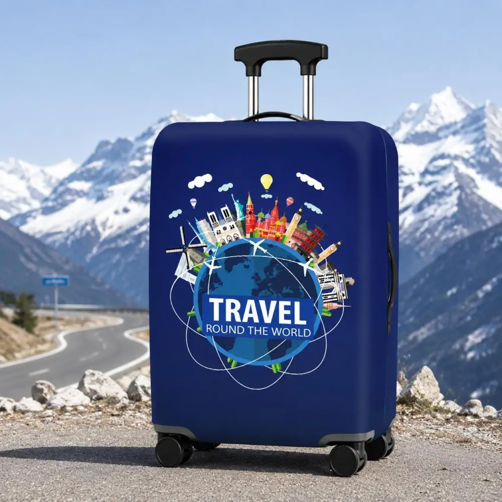 Travel Themed Luggage Cover Navy Blue World Landmarks Print Dustproof Scratch Resistant Stretch Suitcase Protector