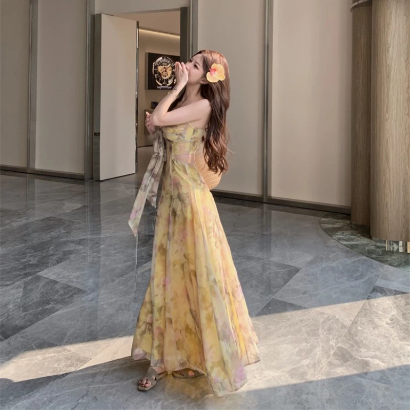 ลูกไม้เย็บปะติดปะต่อชีฟองพิมพ์สายรัดชุดผู้หญิงวันหยุดยาวเบาะตัดออกกลับ A-Line ชุดบริสุทธิ์จีบหน้าอกชุดหวาน