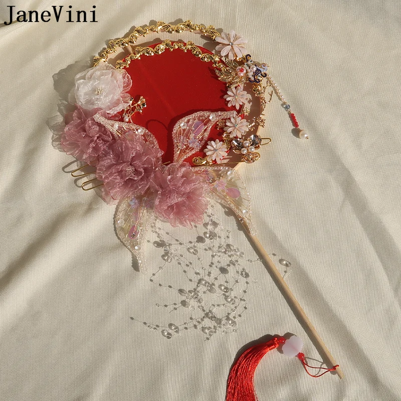 JaneVini 2022 Newest Design Pearls Beaded Wedding Bouquet Artificiel Mariage Handmade Artificial Flowers Chinese Bridal Fan