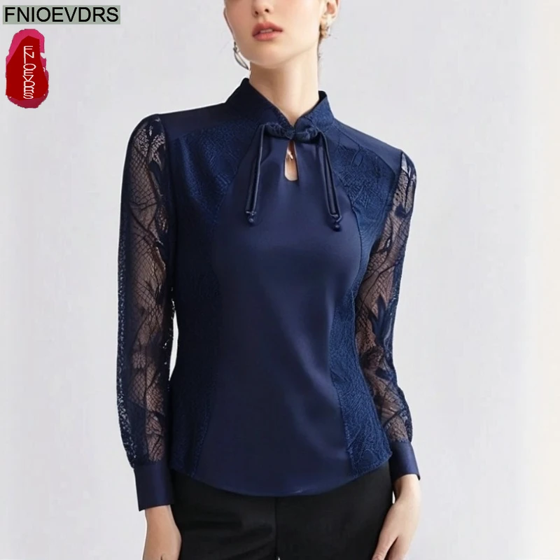 

Ретро винтажные топы с воротником-стойкой, блузки в китайском стиле, модные женские новогодние элегантные офисные женские тонкие однотонные кружевные базовые рубашки
