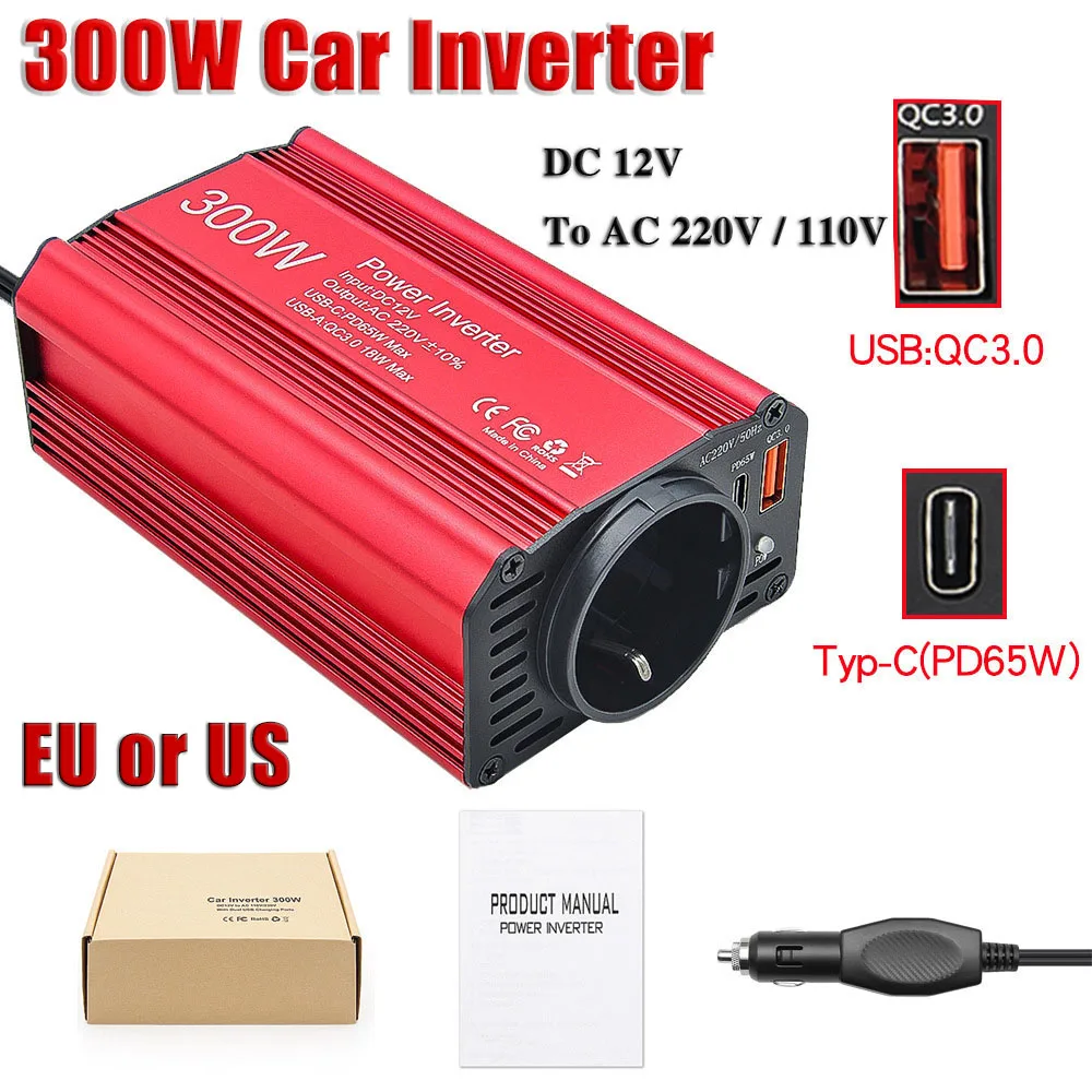 

300W Car Power Inverter DC 12V to AC 220V/110V Car Plug Fast Charger Adapter Powered by Cigarette Lighter with PD65W Typ-C QC3.0