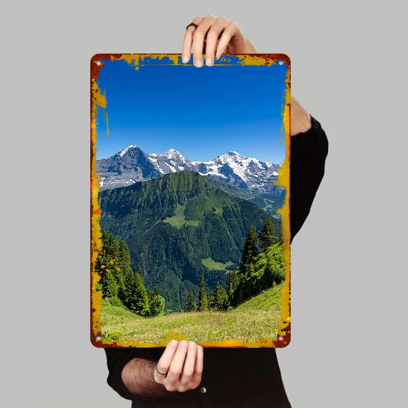Swiss Alps Landscape Metal Wall Art Home Decor for Living Room Bedroom Wall Hanging Painting