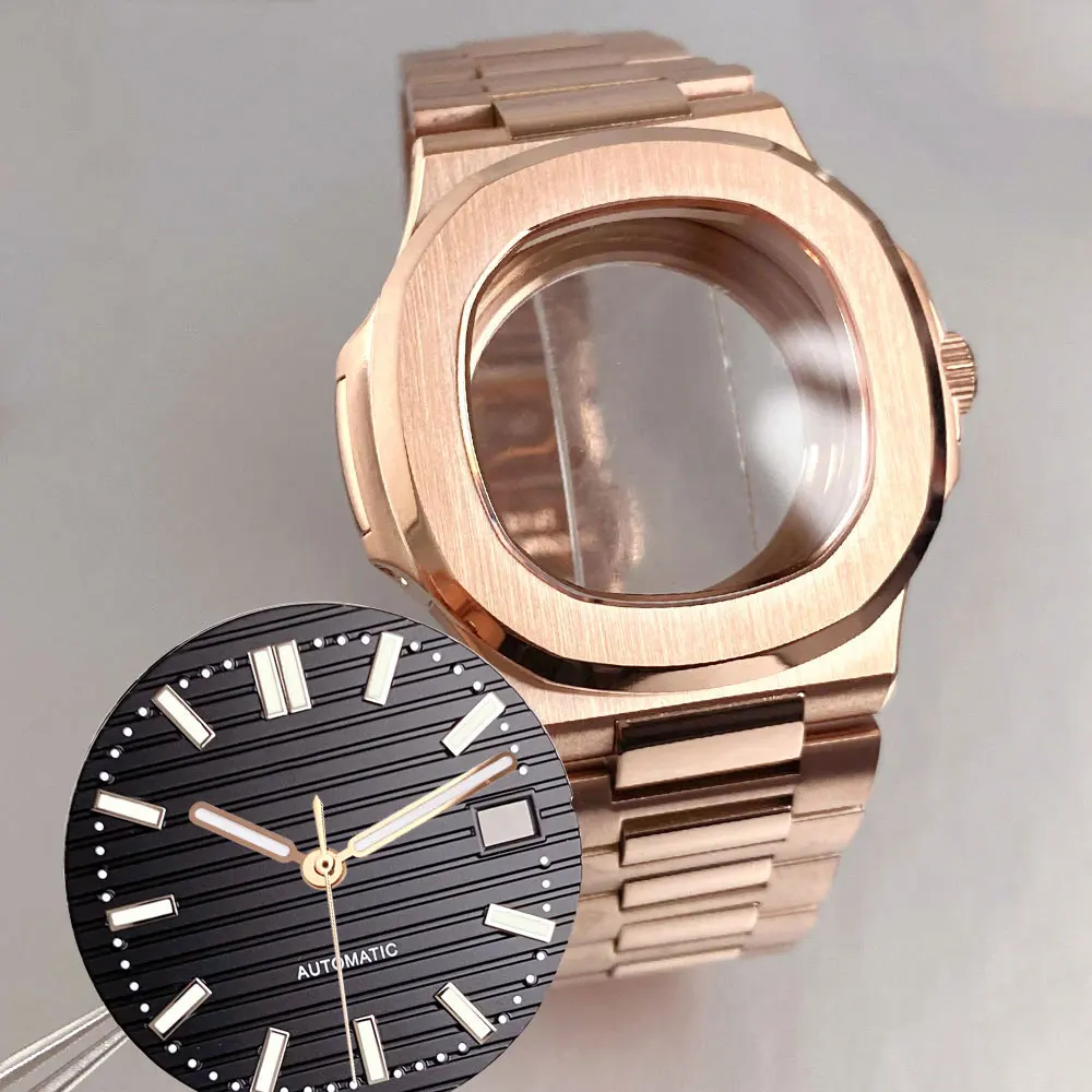 

40mm Full Rose Gold 316L Steel Square Watch Case Solid/Glass Back 10ATM Sapphire Crystal Screw Crown Dial Hand Fit for NH35 NH36