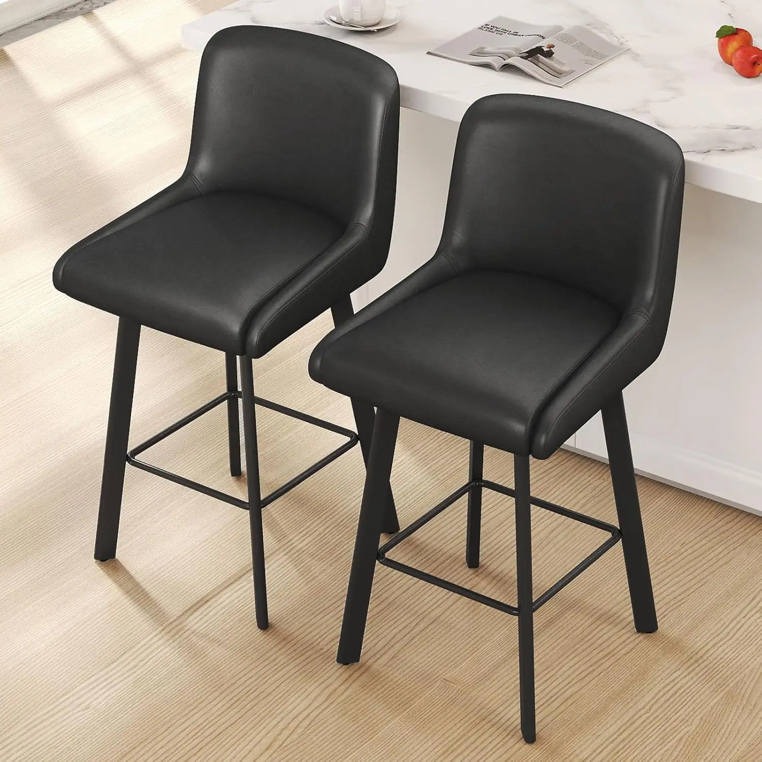 

Modern Swivel Bar Stools with Backs, Upholstered Counter Height Chairs for Kitchen Island, Set of 2 in Black Faux Leather