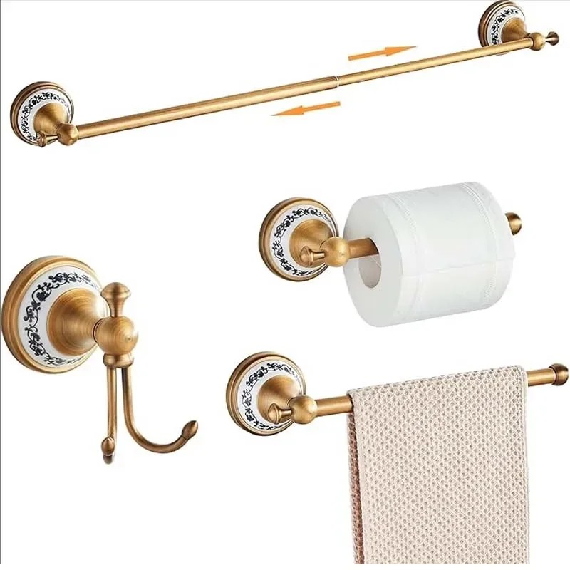 Bathroom Hardware Solid Brass Bath Sets Ancient Carved Retractable Towel Bar Paper Rack Towel Ring Double Hooks