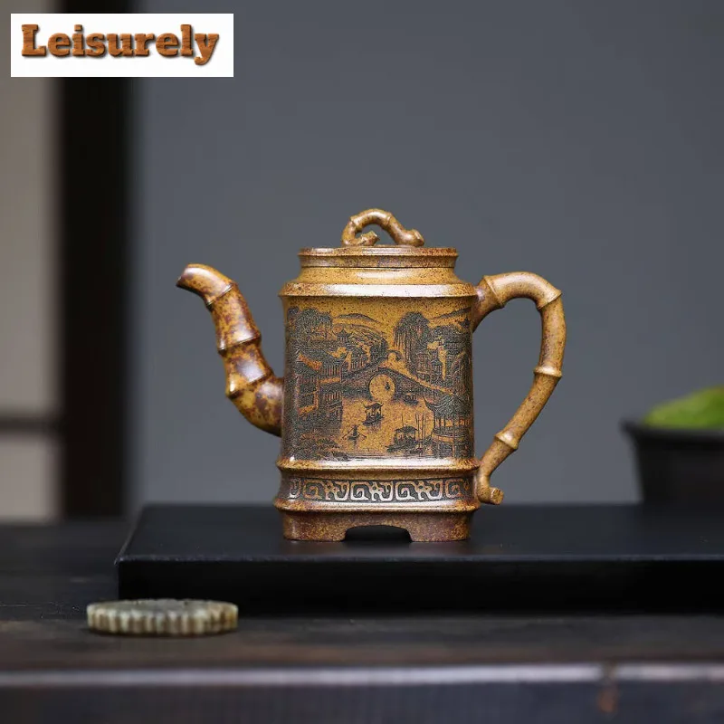

300ml Yixing Purple Clay Teapots Handmade Square Bamboo Joint Pot Raw Ore Wood-fired Porcelain Mud Tea Soaking Kettle Zisha Tea