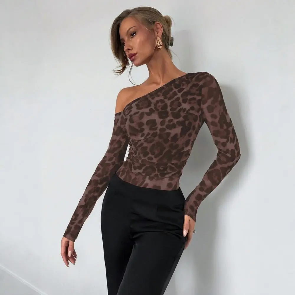 Fashion Women Sexy Leopard Bodysuit Long Sleeve Off Shoulder Slim Fit Rompers Elegant Bodycon Jumpsuit Streetwear Tops