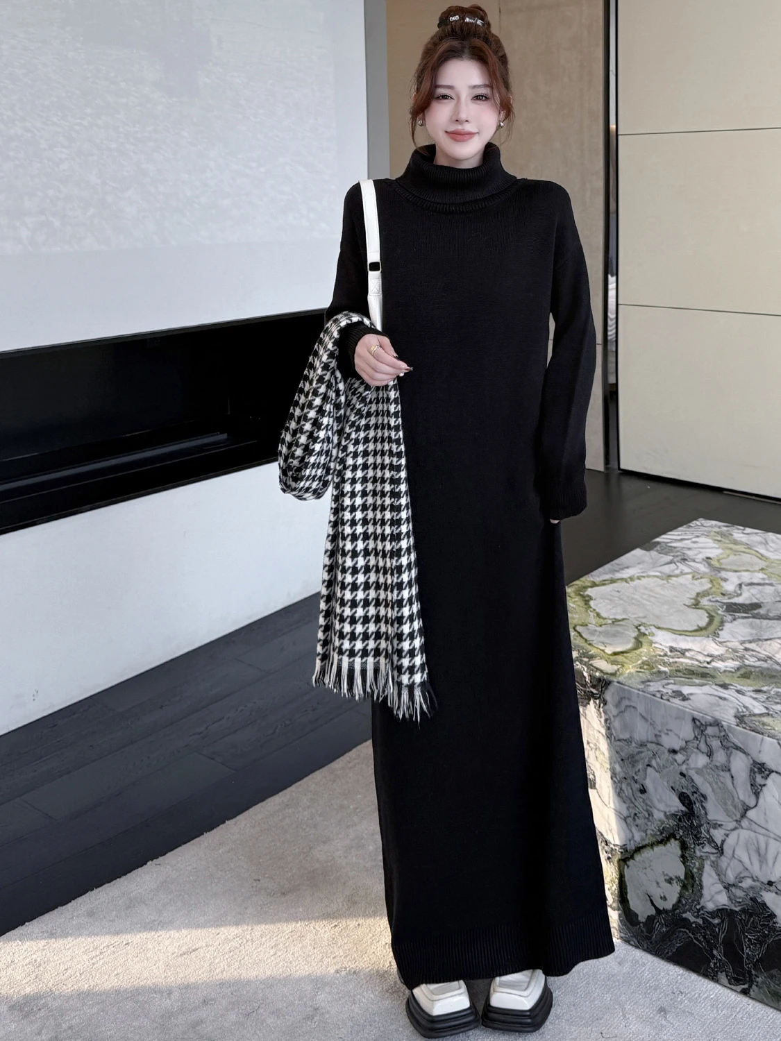 Winter New High Collar Long Sleeve Knitted Dress Maxi Sweater Dress Women's Casual Loose Waist A-Line Skirt Thickened