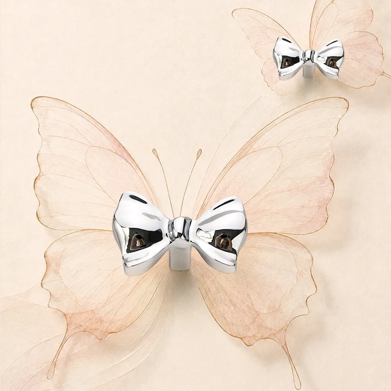 French Creative Bow Light Luxury Copper Handle Children's Room Cabinet Silver Single Hole Clothes Cabinet Drawer Door Handle